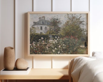 Printable Cottage Rose Garden, Vintage Oil Painting, Country House Wall Art Decor, Farmhouse Print, Cottage Art, Digital Download