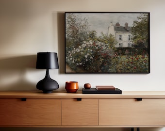 Rose Garden Vintage Painting, Cottage Oil Painting, Summer Vintage Landscape, Print Wall Art, Antique Oil Painting, Roses Painting