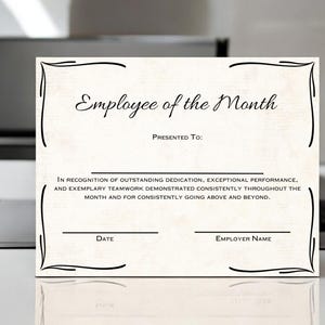 Certificato di apprezzamento dei dipendenti Premio modificabile per il dipendente del mese. Certificato stampabile per i dipendenti di apprezzamento del personale. Riconoscimento del personale