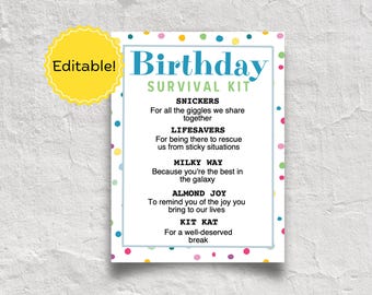 Etiqueta de regalo para kit de supervivencia de cumpleaños, kit de supervivencia imprimible y editable para cumpleaños, kit de supervivencia imprimible y personalizado para dulces de cumpleaños.