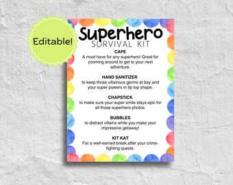 Etiqueta imprimible del kit de supervivencia de superhéroes. Recuerdo de fiesta de cumpleaños de superhéroes para niños de 6 años. Juego imprimible gratuito de superhéroes. Cumpleaños de superhéroes para niños de 7 años.