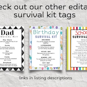 Puede incluir: Tres etiquetas de regalo imprimibles coloridas con el texto "Survival Kit" y una lista de art&iacute;culos para un kit de supervivencia para pap&aacute;, cumplea&ntilde;os y escuela. Las etiquetas est&aacute;n dise&ntilde;adas con un patr&oacute;n de cuadros blanco y negro, globos coloridos y rayas coloridas.