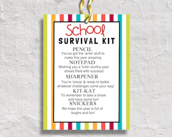 Kit de supervivencia para estudiantes Etiqueta de cesta de regalo para estudiantes imprimible Regalo de Candygram imprimible para el primer día de clases del estudiante Etiqueta de regalo editable Candygram
