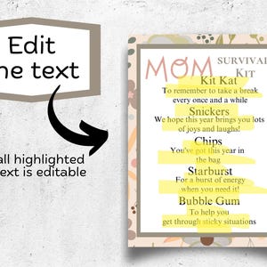 Puede incluir: Una tarjeta imprimible con un fondo floral y el texto "MOM SURVIVAL KIT". La tarjeta enumera una variedad de dulces y bocadillos con una descripci&oacute;n humor&iacute;stica para cada uno. El texto es editable.
