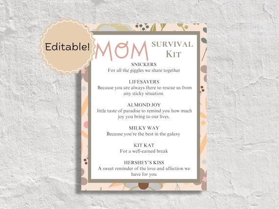 Editable Survival Kit for Mom Survival Kit Printable Mom Gift from Child Mom Birthday Gift Instant Download Survival Kit New Mom Gift Basket