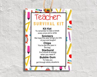 Kit de supervivencia para maestros Etiqueta de cesta de regalo imprimible Kit de supervivencia de regreso a la escuela Etiqueta de regalo Editable Candygram Guardería Maestro Cesta de regalo Preescolar