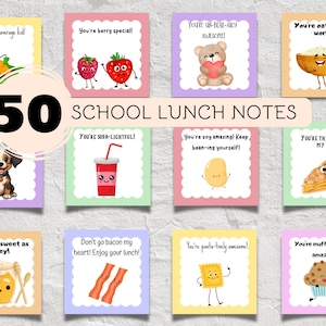 50 Lunchbox-notities Schoollunch-notitiekaart Lunchbox Love-notitiekaart Afdrukbare schoollunchboxgrappen Grappige lunchboxkaarten Lunchboxgrappen Kid