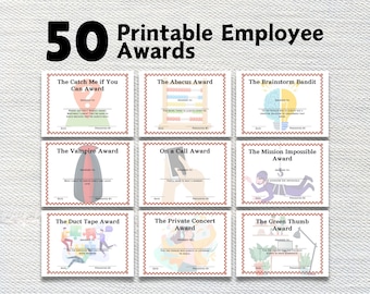 May include: A set of nine printable employee award certificates with colorful illustrations and text. The certificates are designed to be humorous and lighthearted, with titles like "The Catch Me If You Can Award" and "The Vampire Award".