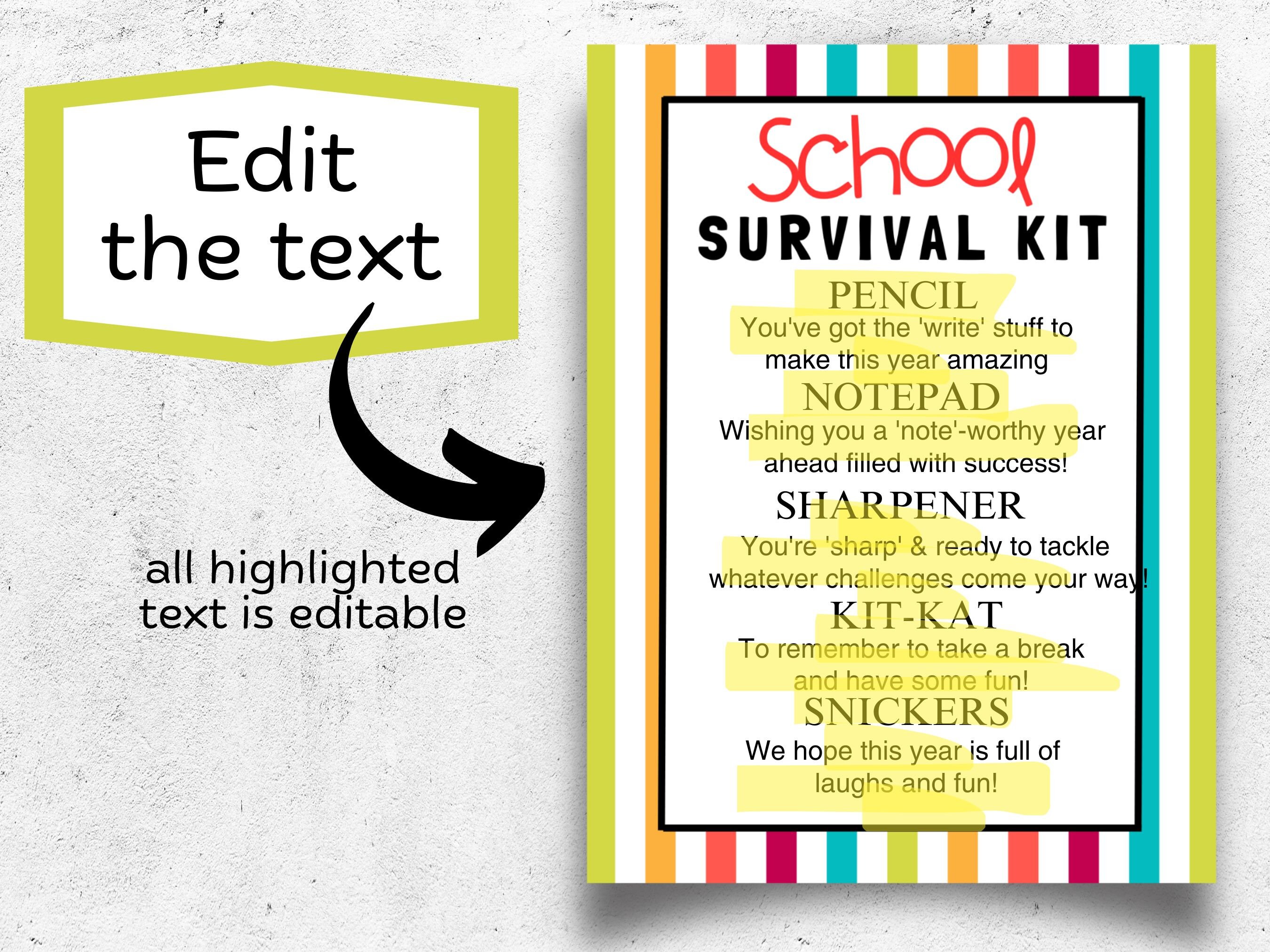 Student Survival Kit Printable Student Gift Basket Tag Printable ...