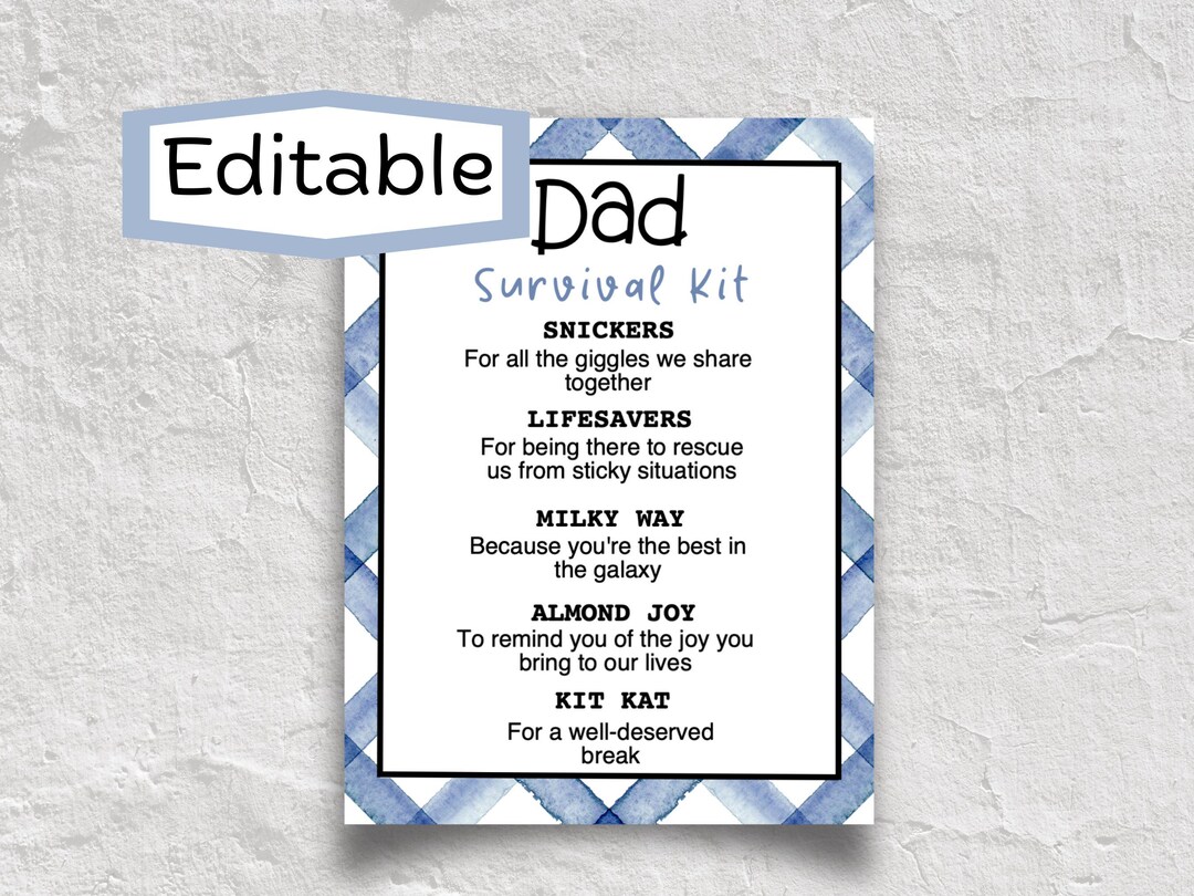 Dad Survival Kit Gift Tag Editable Printable Survival Kit Father Day ...