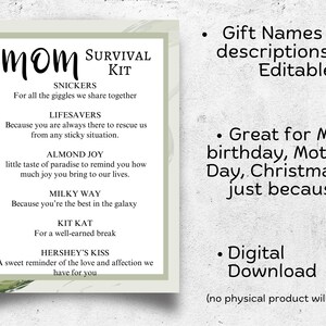 Puede incluir: Una descarga digital imprimible para un kit de supervivencia para mam&aacute;. El dise&ntilde;o presenta un fondo de acuarela verde con el texto "MOM SURVIVAL KIT" y una lista de nombres de dulces con descripciones. El texto incluye "SNICKERS", "LIFESAVERS", "ALMOND JOY", "MILKY WAY", "KIT KAT" y "HERSHEY'S KISS".