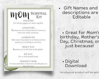 Editable Survival Kit for Mom Survival Kit Printable Mom Gift from Child  Mom Birthday Gift Instant Download Survival Kit New Mom Gift Basket