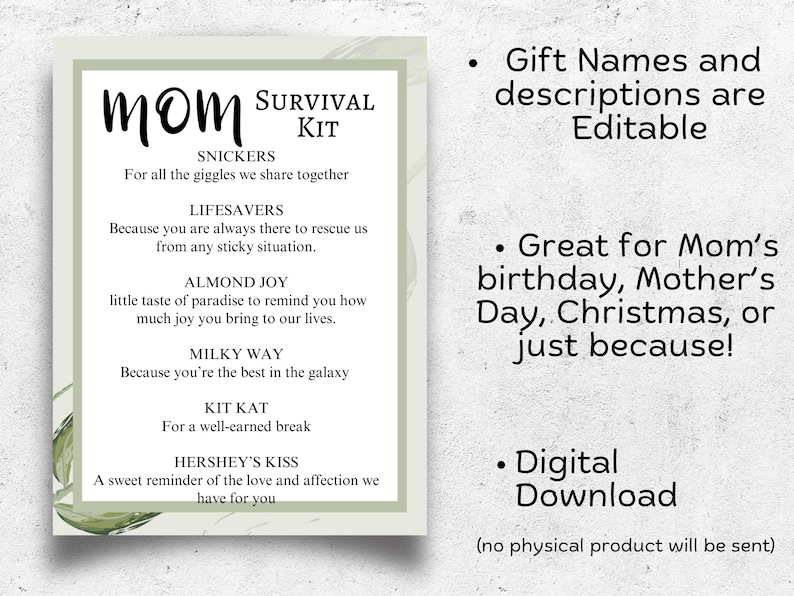 Puede incluir: Una descarga digital imprimible para un kit de supervivencia para mam&aacute;. El dise&ntilde;o presenta un fondo de acuarela verde con el texto "MOM SURVIVAL KIT" y una lista de nombres de dulces con descripciones. El texto incluye "SNICKERS", "LIFESAVERS", "ALMOND JOY", "MILKY WAY", "KIT KAT" y "HERSHEY'S KISS".