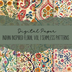 Diseños florales imprimibles de inspiración india VOL. 1 / Impresiones digitales / 8 patrones sin costuras, descarga instantánea, ideal para tarjetas de invitación