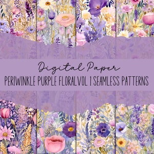 Puede incluir: Un conjunto de 6 patrones de papel digital con ilustraciones de acuarela de flores moradas periwinkle, lavanda y vegetación. Los patrones son sin costuras y se pueden utilizar para una variedad de proyectos de manualidades.