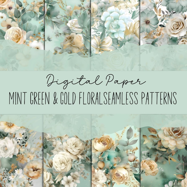 Printable Mint Green Floral Digital Paper | 8 Seamless Floral Patterns ...