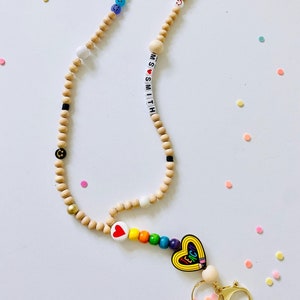 Personalized Teacher Lanyard: Wood Bead Rainbow Boho Style