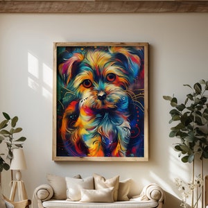 Expressive and colorful Maltese puppy artwork positioned above a wooden coffee table, adding a lively touch to a minimalist living room decor.