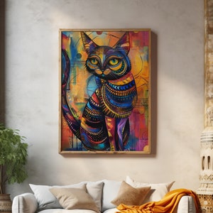 An eye-catching, multicolored cat artwork serves as the focal point in a stylish living room, complemented by earthy tones and textures.