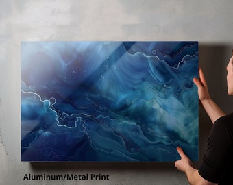 Marmeren Golven van Atlantis - Elegante Blauwe Wandkunst op Aluminium of Canvas