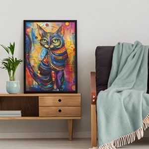 showcasing a lively and colorful cat artwork displayed above a sleek desk, bringing a burst of creativity and color to a stylish and modern workspace.