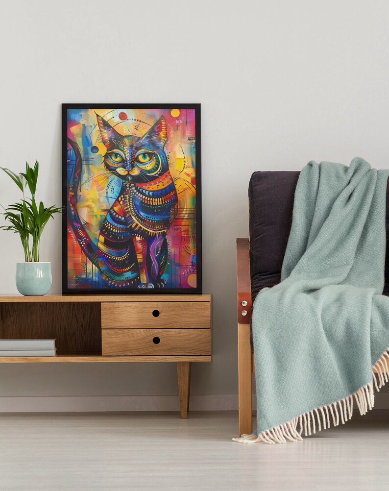 showcasing a lively and colorful cat artwork displayed above a sleek desk, bringing a burst of creativity and color to a stylish and modern workspace.