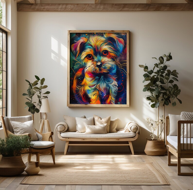 Expressive and colorful Maltese puppy artwork positioned above a wooden coffee table, adding a lively touch to a minimalist living room decor.