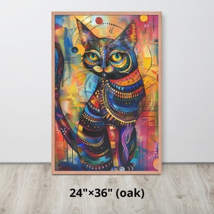 Close-up of a vibrant cat artwork, featuring a rich tapestry of colors and intricate details that capture the essence and whimsy of a playful feline in a captivating display of artistic expression.
Size: 24"x36" in oak.