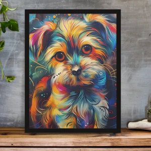 Vibrant art print of a Maltese puppy, depicted with dynamic, multicolored brush strokes, displayed on a desk alongside colorful stationery and houseplants.