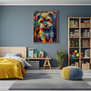 A whimsical and brightly colored Maltese puppy painting hanging over a cozy bed with yellow and gray bedding, adding a pop of color to a modern bedroom.