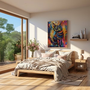 A vibrant, colorful cat painting adds a touch of whimsy to a serene bedroom setting, with warm sunlight streaming in.