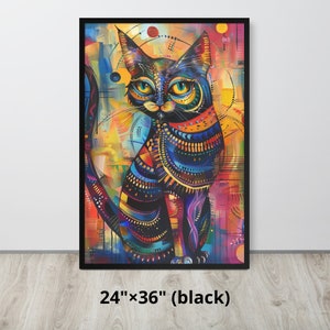 Close-up of a vibrant cat artwork, featuring a rich tapestry of colors and intricate details that capture the essence and whimsy of a playful feline in a captivating display of artistic expression.
Size: 24"x36" in black.