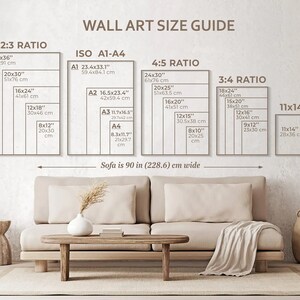 A visual size guide for wall art displayed above a cozy beige sofa, showcasing various frame sizes in a harmonious beige living space to help envision the perfect fit for your home decor.