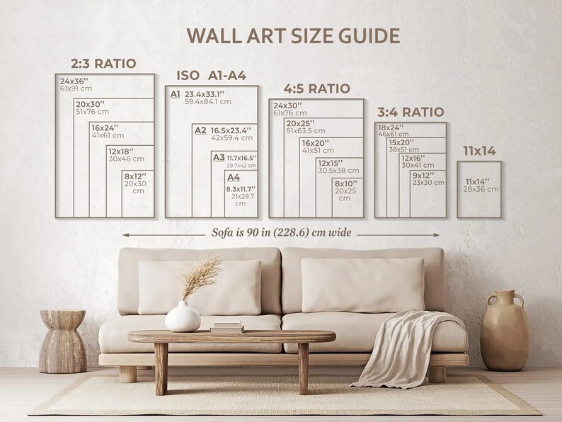 A visual size guide for wall art displayed above a cozy beige sofa, showcasing various frame sizes in a harmonious beige living space to help envision the perfect fit for your home decor.