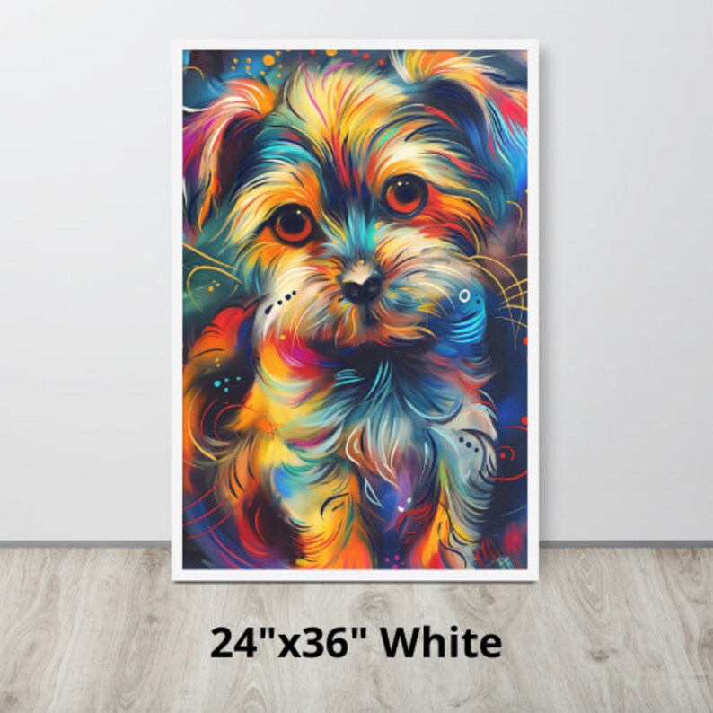 Colorful portrait of a Maltese puppy with vibrant, swirling hues of blue, orange, and pink, exuding a playful and whimsical charm.Size: 24"x36". Color: White.