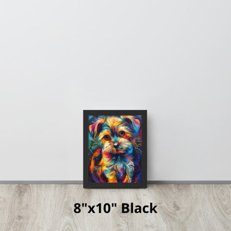 Colorful portrait of a Maltese puppy with vibrant, swirling hues of blue, orange, and pink, exuding a playful and whimsical charm.Size: 8"x10". Color: Black.
