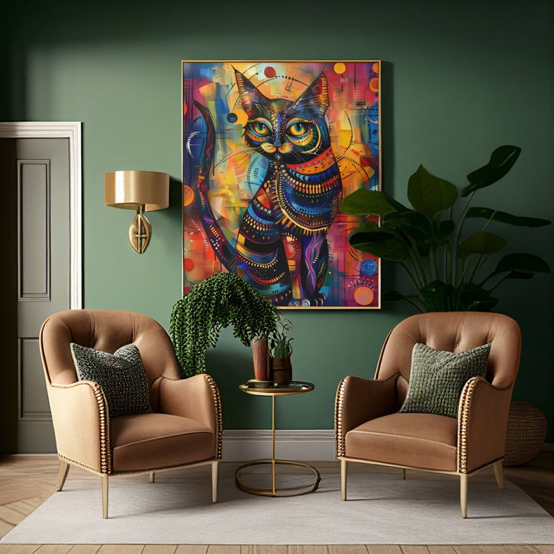 A vibrant, colorful cat artwork hanging on a green wall, complemented by two chic brown-beige chairs and lush indoor plants, creating a harmonious blend of nature and art in a cozy interior setting.