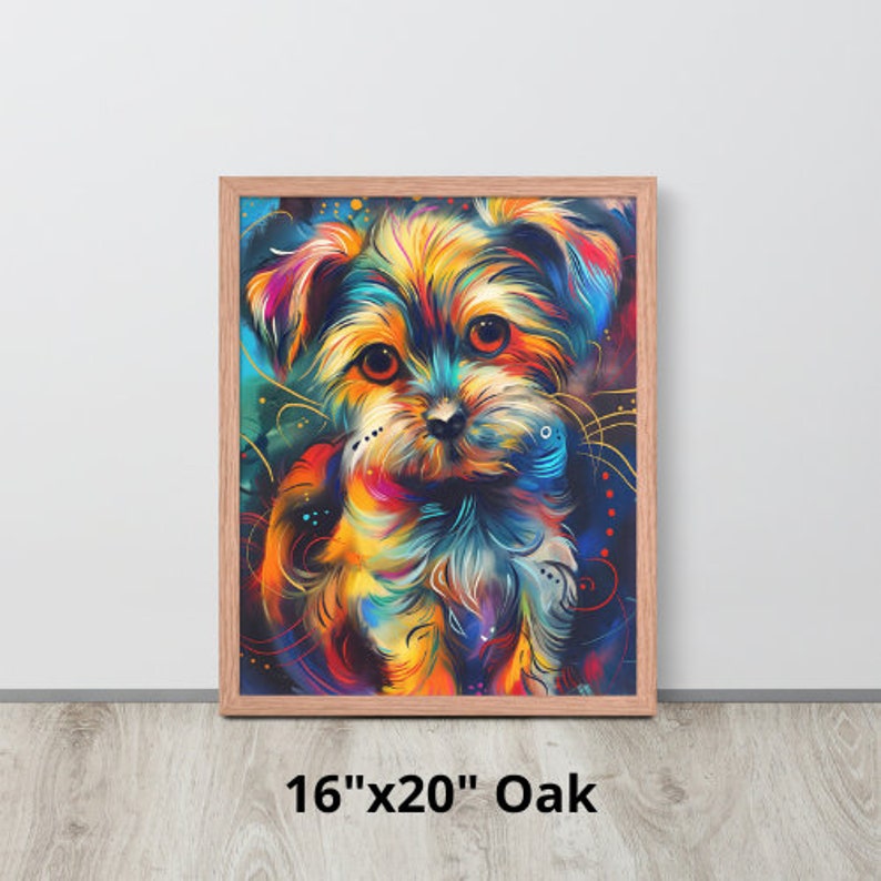 Colorful portrait of a Maltese puppy with vibrant, swirling hues of blue, orange, and pink, exuding a playful and whimsical charm.Size: 16"x20". Color: Oak.