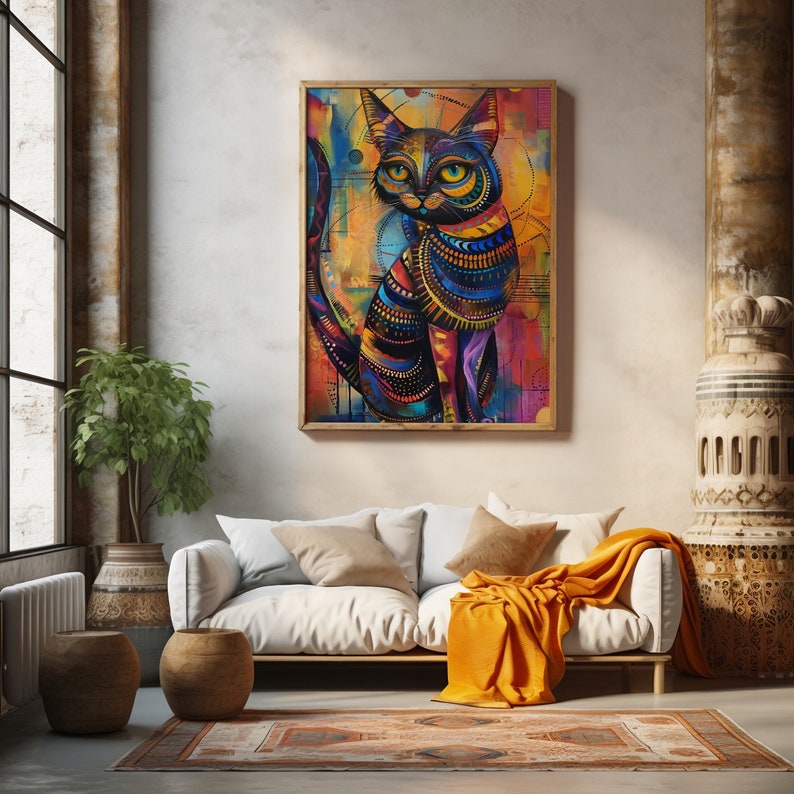 An eye-catching, multicolored cat artwork serves as the focal point in a stylish living room, complemented by earthy tones and textures.