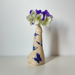 Ceramic handmade vase with blue butterflies - unique ceramic flower vase