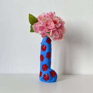 Ceramic handmade matte blue vase with red flowers - unique ceramic flower vase