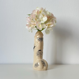 Ceramic handmade vase with black tattoos - unique ceramic flower vase