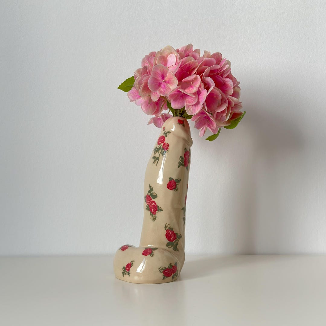 Handmade Ceramic Vase - Red Rose Floral Pattern on Beige Base - Unique ...