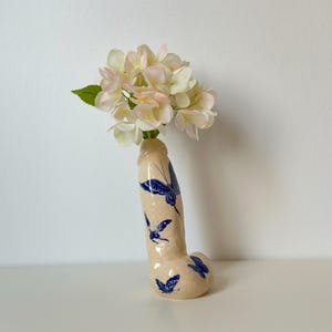 Ceramic handmade vase with blue butterflies - unique ceramic flower vase