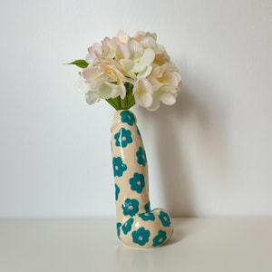 Ceramic handmade vase with green flowers - unique ceramic flower vase