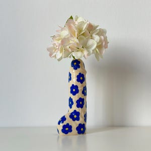 Ceramic handmade vase with blue flowers - unique ceramic flower vase