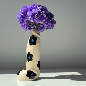 Ceramic handmade beige vase with black flowers - unique ceramic flower vase