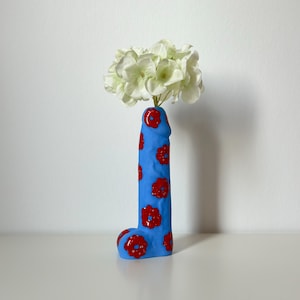 Ceramic handmade matte blue vase with red flowers - unique ceramic flower vase