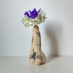 Ceramic handmade vase with black butterflies - unique ceramic flower vase