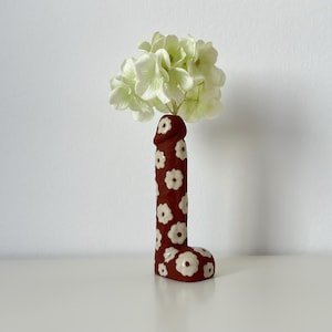 Ceramic handmade chocolate brown vase with white flowers - unique ceramic flower vase
